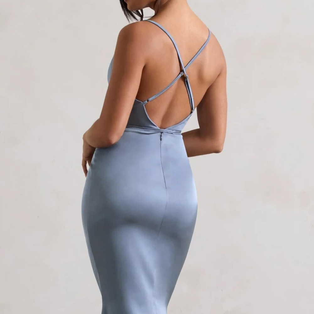 SLATE BLUE SATIN COWL NECK MAXI DRESS WITH CROSS BACK DETAIL - Picture 2 of 6